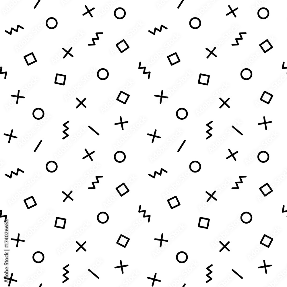 Geometric vector pattern with elements in black and white. Rectangle, zigzag, line, circle in Memphis style, hipster fashion Geometric vector pattern with elements in black and white. Rectangle, zigzag, line, circle in Memphis style, hipster fashion