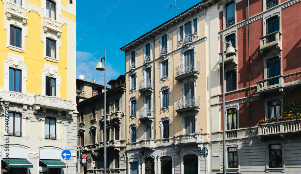 Colourful buildings from the late 19th century in the Historic Centre of Milan, Lombardy, Italy