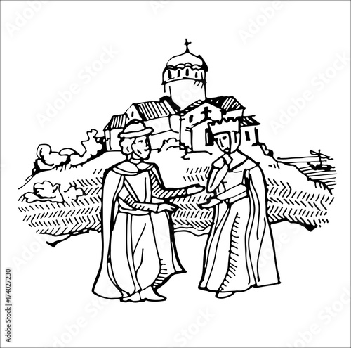 Hand drawn illustration. Duke and Duchess meeting. Kievan Rus. Historical event. Vector illustration.