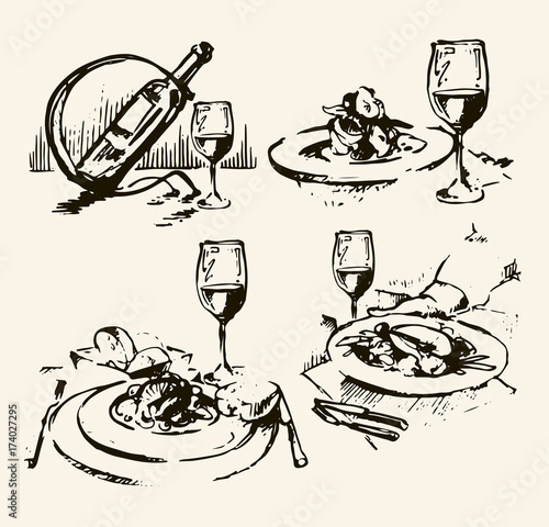 Wine set. Winemaking products in sketch style. Vector illustration with wine glass, grapes, grape twig. Classical alcoholic drink.