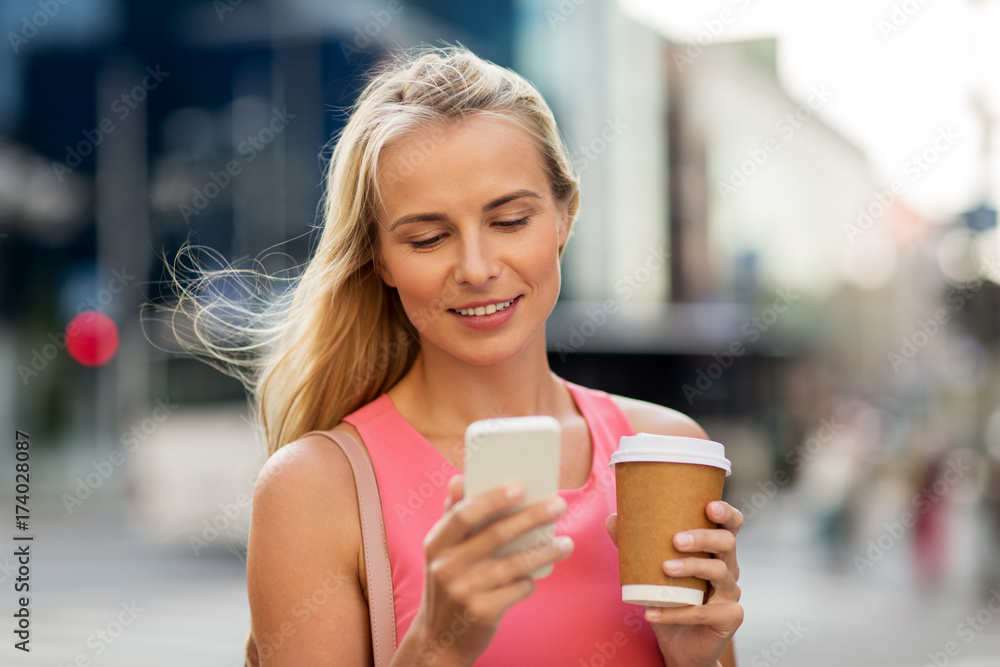 woman with coffee and smartphone in city woman with coffee and smartphone in city