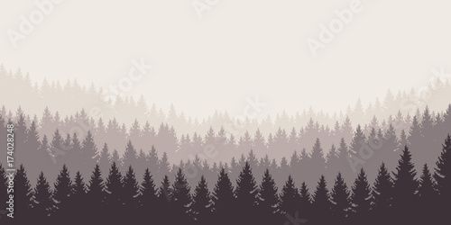 panoramic vector illustration of a forest under a overcast gray sky