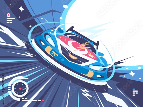 Power racing car on speed track