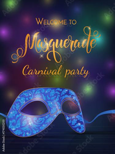 Gold carnival mask with shiny texture. Carnival hand drawn lettering. Invitation card template. Vector illustration EPS10.