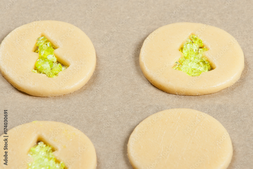 Raw Crystal Cookies In Baking Tray. Sugar Cookies Dough.