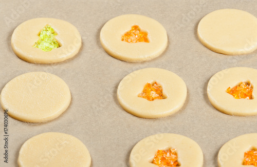 Raw Crystal Cookies In Baking Tray. Sugar Cookies Dough.