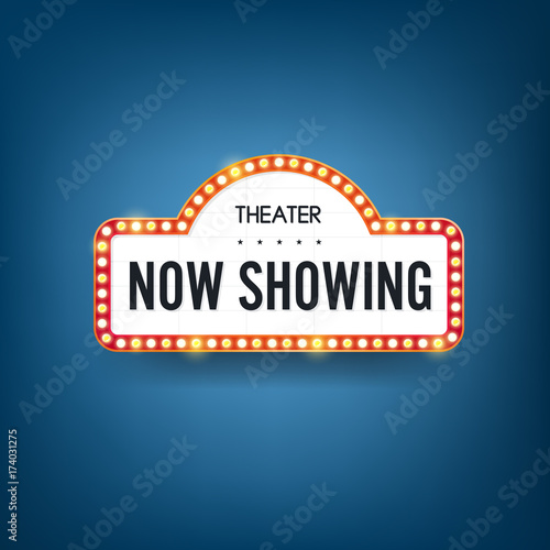Now showing. text with electric bulbs frame background. Vector illustration.