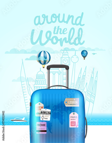 Vacation travelling composition with the bag. Summer vacation concept