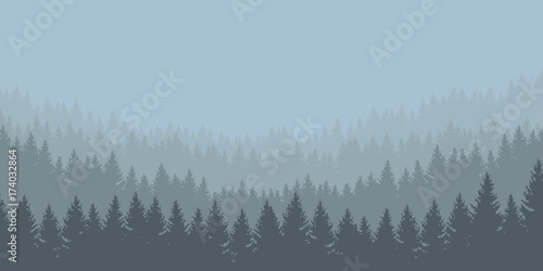 panoramic vector illustration of a forest under a overcast gray sky