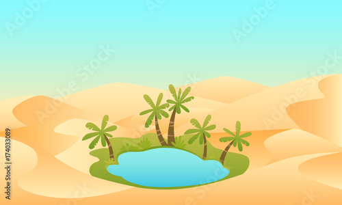 Oasis. Lake and palms in the desert. Vector illustration