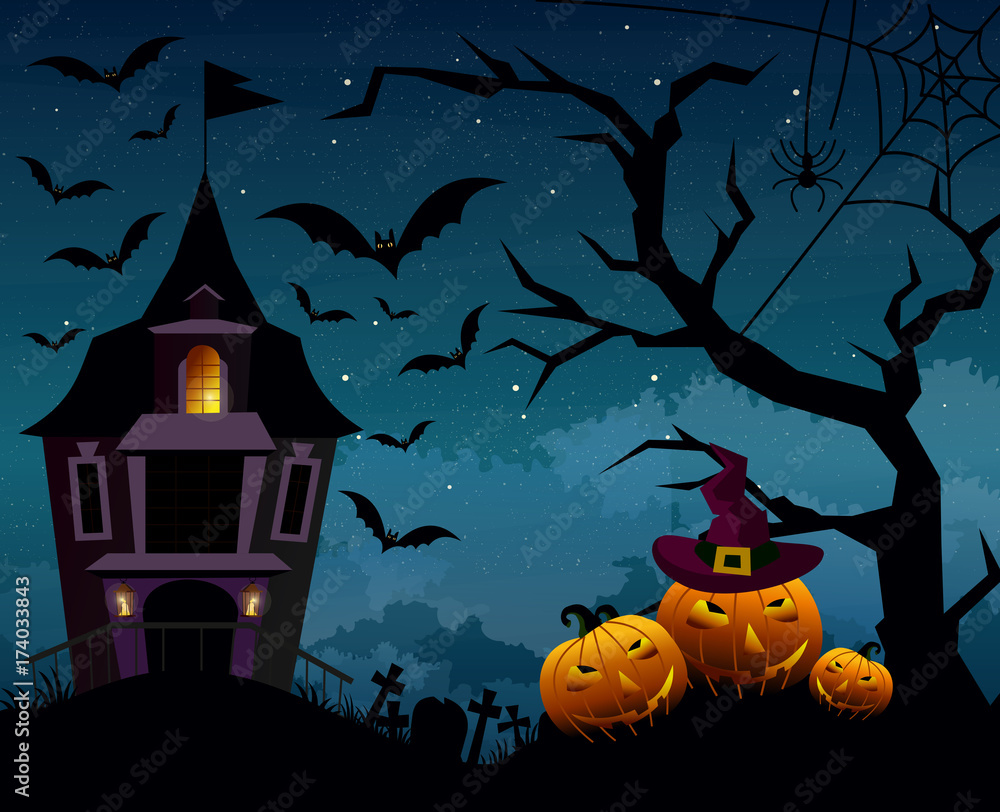 Vector illustration of Halloween background with silhouettes of pumpkins  and terrible house or castle in the cemetery on dark blue night sky.  Halloween postcard in flat cartoon style. Stock Vector | Adobe