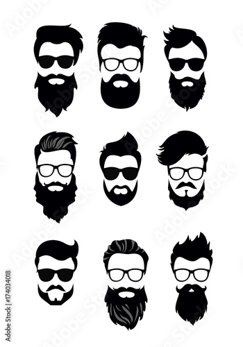 Vector illustration of set of vector bearded men faces, hipsters with different haircuts, mustaches, beards. Silhouettes men haircuts flat style.