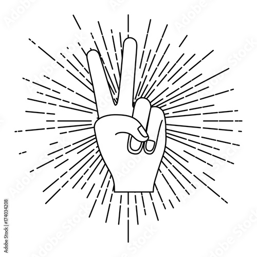 peace hand gesture with linear brightness silhouette in white background