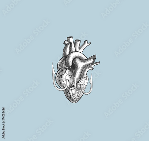 Heart on fish hook on blue sky pastel color background. illustration vector with live trace from hand drawing. line art tattoo graphic design.