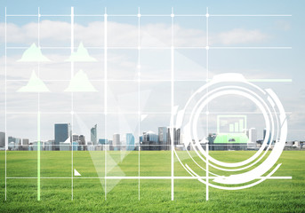 Rideaux Stade Natural background with modern cityscape green field and media interface  © adam121