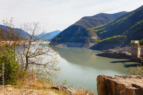 Landscapes of water and mountains Zhinvalskoe Reservoir of Tbilisi, Georgia photo