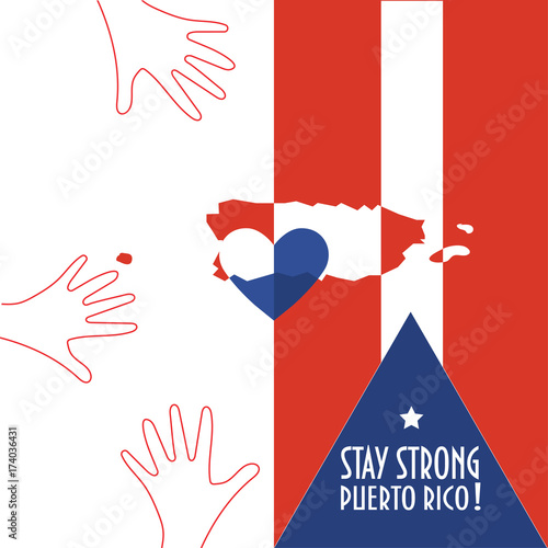 Vector illustration for Purto Rico relief and recovery after hurricane Maria, floods, landfalls. Supporting victims, charity and aid work promotion. Map, Heart and text in Spanish: Strong Puerto Rico. photo