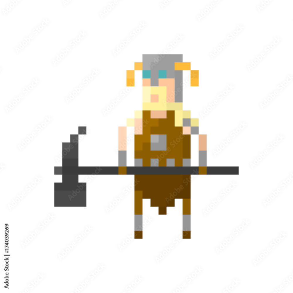 Obraz premium Pixel northern warrior viking with hammer. Сharacter for games and applications