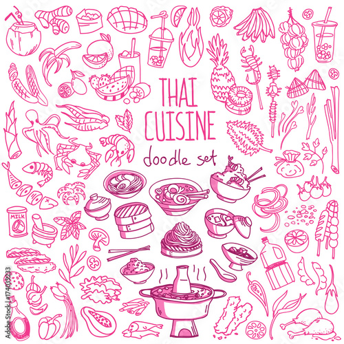 Thai cuisine doodle set. Popular food, drinks and cooking ingredients from Thailand. Vector drawing isolated on white background.
