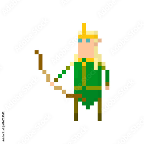 Pixel elf warrior with bow and crown. Сharacter for games and applications © Mikhail Miroshnichen