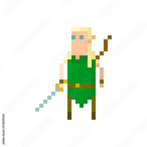 Pixel elf warrior with sword and bow. Сharacter for games and applications