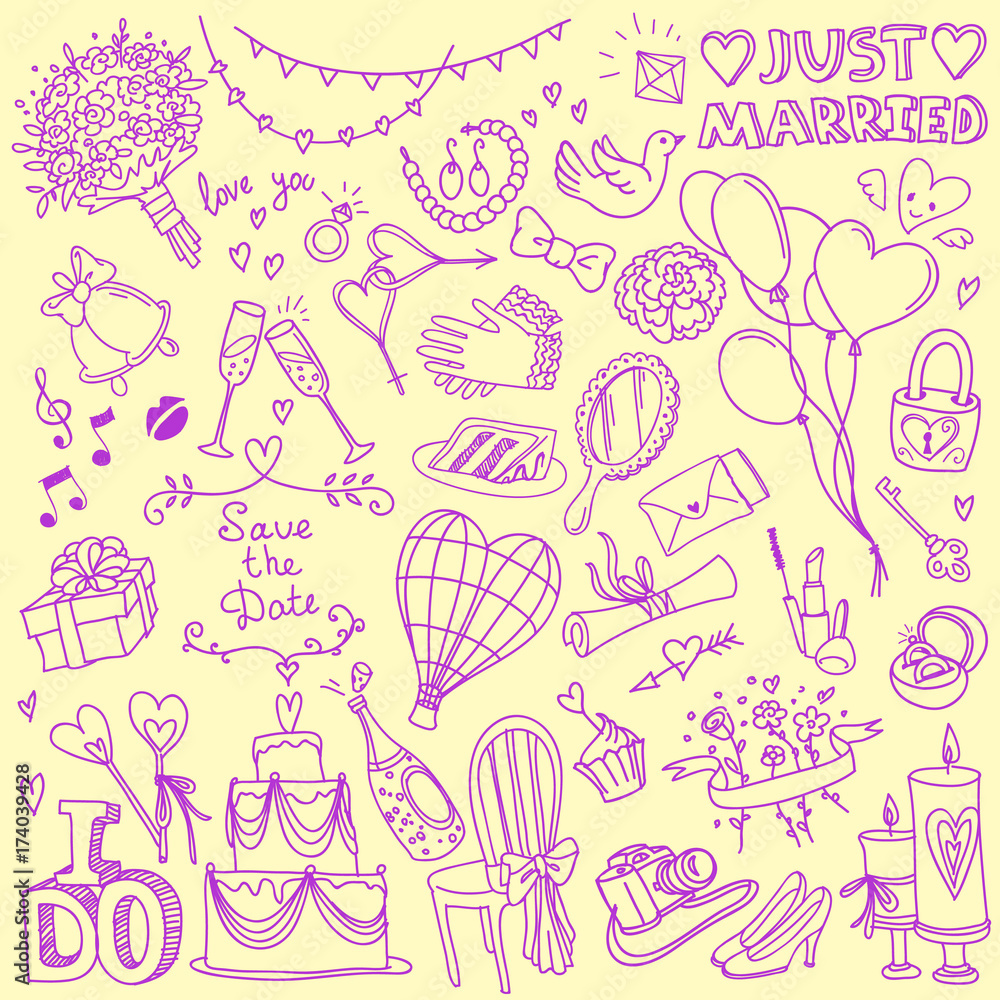 Wedding party doodle set. Love, romantic and Valentine's day themed objects. Vector drawing isolated on background. Wedding party doodle set. Love, romantic and Valentine's day themed objects. Vector drawing isolated on background.