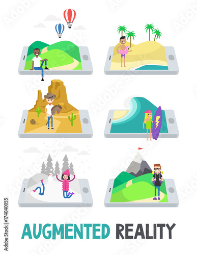 Augmented reality conceptual illustration. Three dimensional images extending on the mobile screen / flat vector illustration, clip art