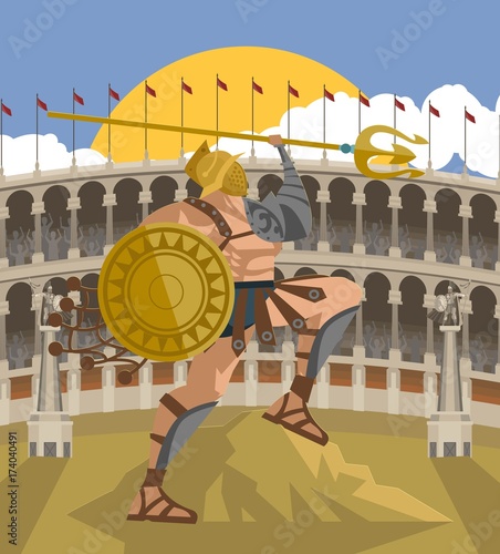 strong gladiator with trident and net on coliseum