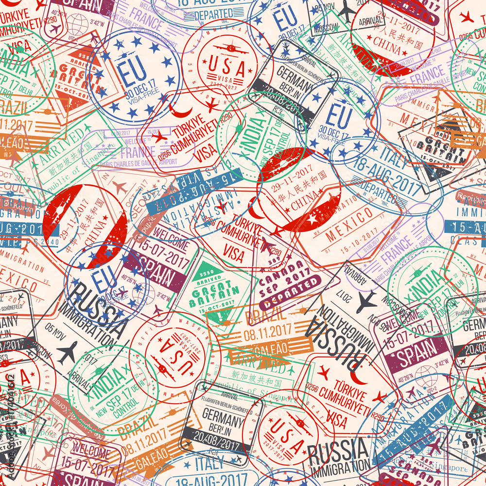 Passport stamp seamless pattern. International arrivals sign rubber, visa airport stamps and watermarks