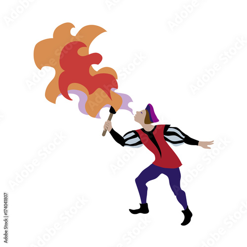 Medieval fire eater, man Vector illustration cartoon character of fire-breather in european middle ages or medieval period historic period person, drawing renaissance fair or christmas market.