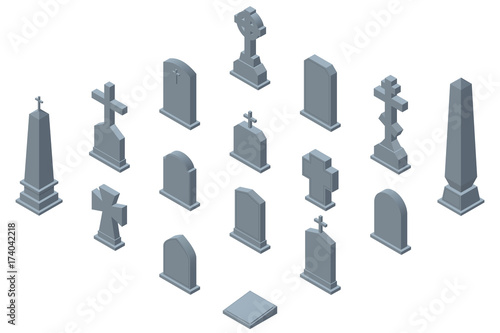 Set of gravestones isolated on white background. Isometric vector illustration