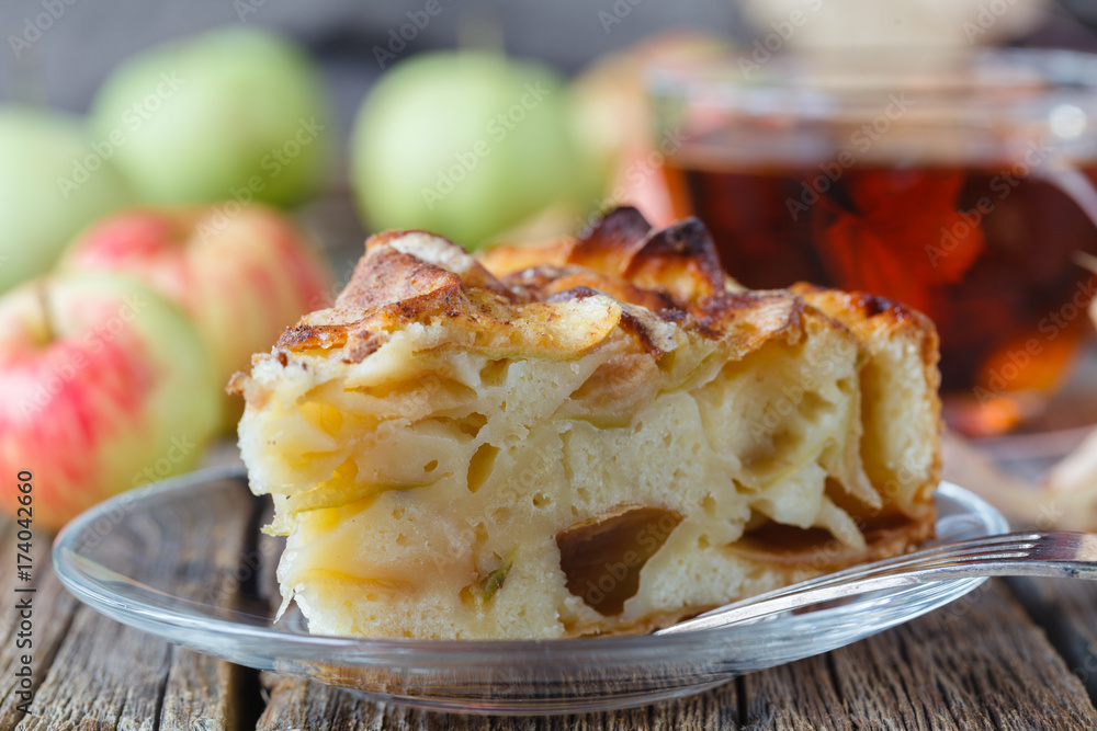 Pie with organic apples and hot brewed tea Pie with organic apples and hot brewed tea