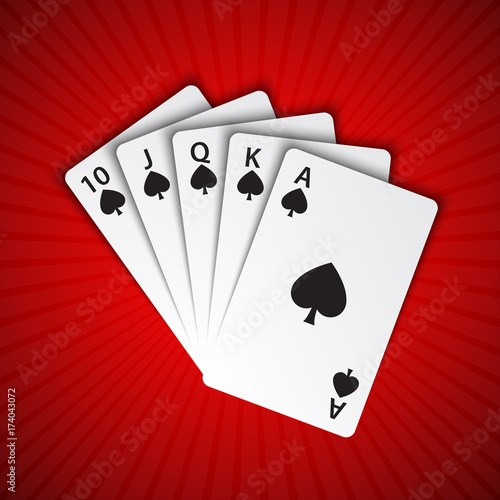 A royal flush of spades on red background, winning hands of poker cards, casino playing cards