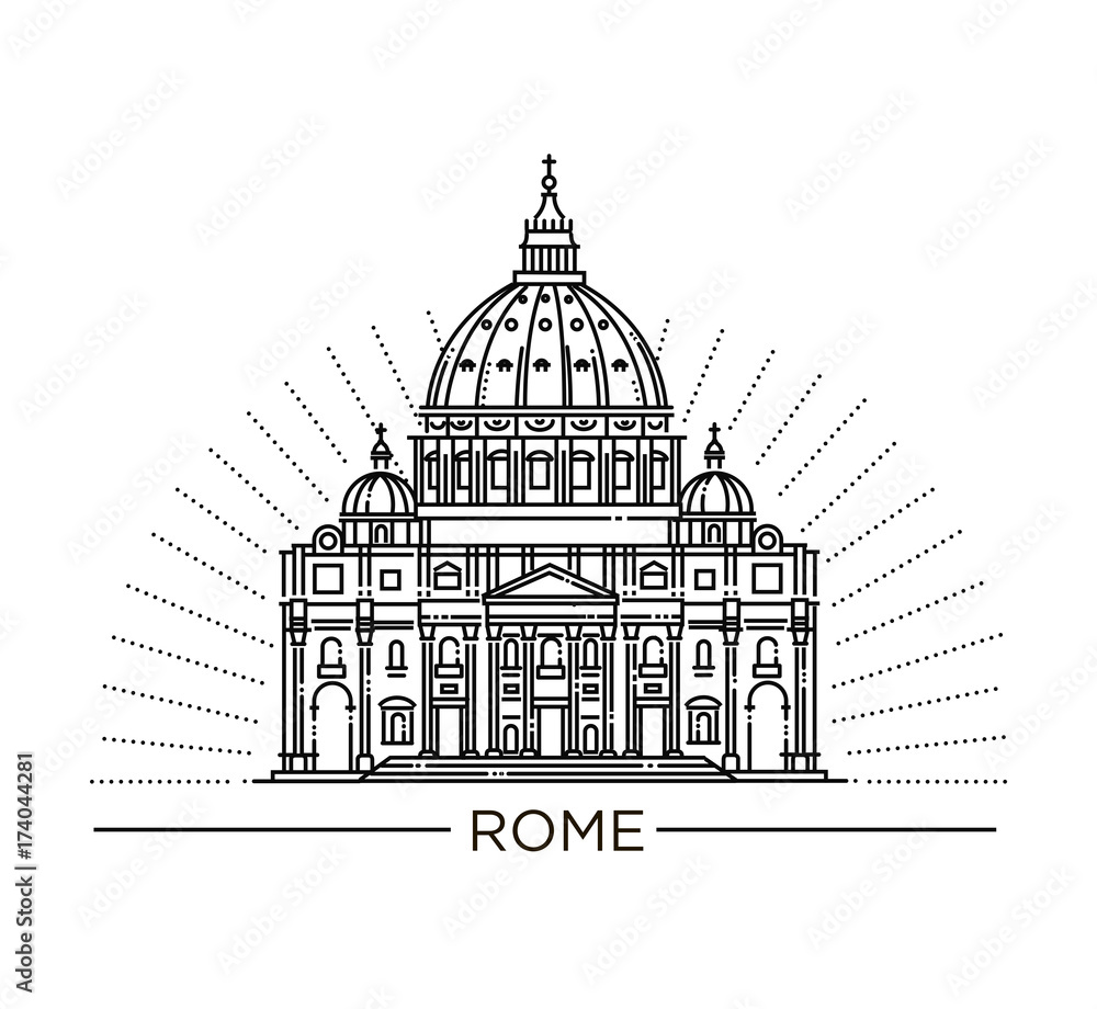 Vector line illustration of St. Peter's Basilica, Rome, Italy.