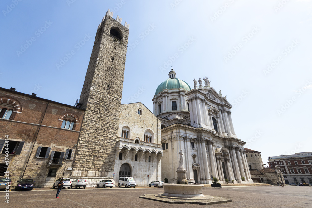 The Palazzo Broletto and the Duomo Nuovo or New Cathedral, largest Roman Catholic church in Brescia, Italy