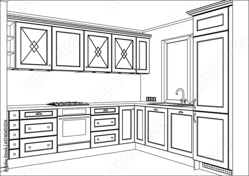3D vector sketch. Classic kitchen design in home interior. Kitchen sketch. Kitchen appliances and decorations. Home Design Software Programs. Project management. Lines, projection, construction, glass