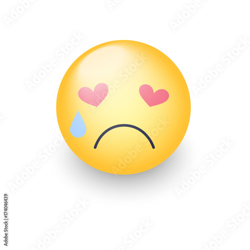 Sad enamored smiley with eyes in the form of hearts. Crying emoji face. Cute cartoon emoticon with tears from his eyes. Broken heart.