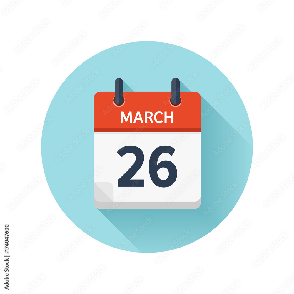 March 26. Vector flat daily calendar icon. Date and time, day, month 2018. Holiday. Season. March 26. Vector flat daily calendar icon. Date and time, day, month 2018. Holiday. Season.
