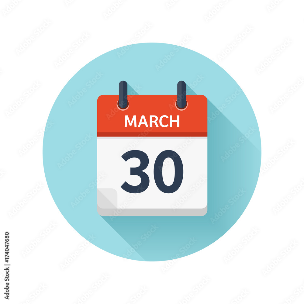 March 30. Vector flat daily calendar icon. Date and time, day, month 2018. Holiday. Season. March 30. Vector flat daily calendar icon. Date and time, day, month 2018. Holiday. Season.
