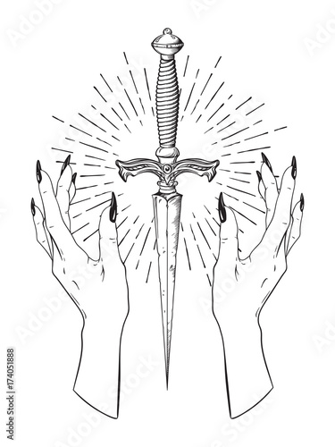 Ritual dagger in female hands with rays of light isolated on white background hand drawn vector illustration. Black work, flash tattoo or print design