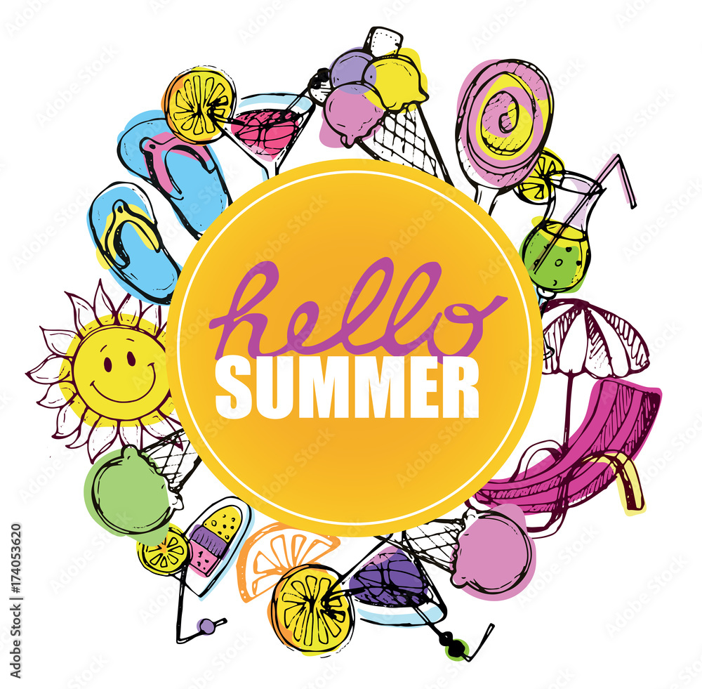 Hand drawn doodle vector summer banner. Summer template banner. Hello, summer! Vector illustration.