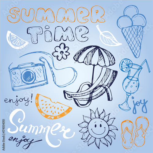 Hand drawn doodle vector summer banner. Summer template banner. Hello, summer! Vector illustration.