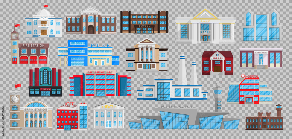 Buildings set isolated in Flat style vector. Municipal library, bank, hospital, school university, fire station, police, museum, post office, cinema, theater sepermarket factory airport prison