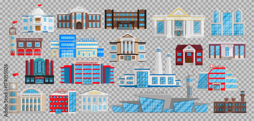 Buildings set isolated in Flat style vector. Municipal library, bank, hospital, school university, fire station, police, museum, post office, cinema, theater sepermarket factory airport prison © Ivan