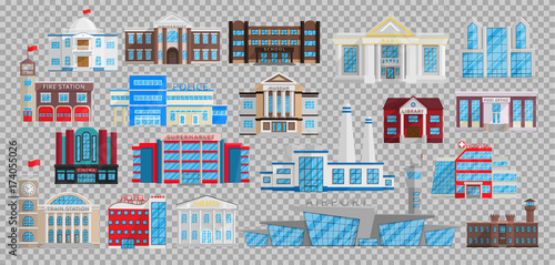 Buildings set isolated in Flat style vector. Municipal library, bank, hospital, school university, fire station, police, museum, post office, cinema, theater sepermarket factory airport prison