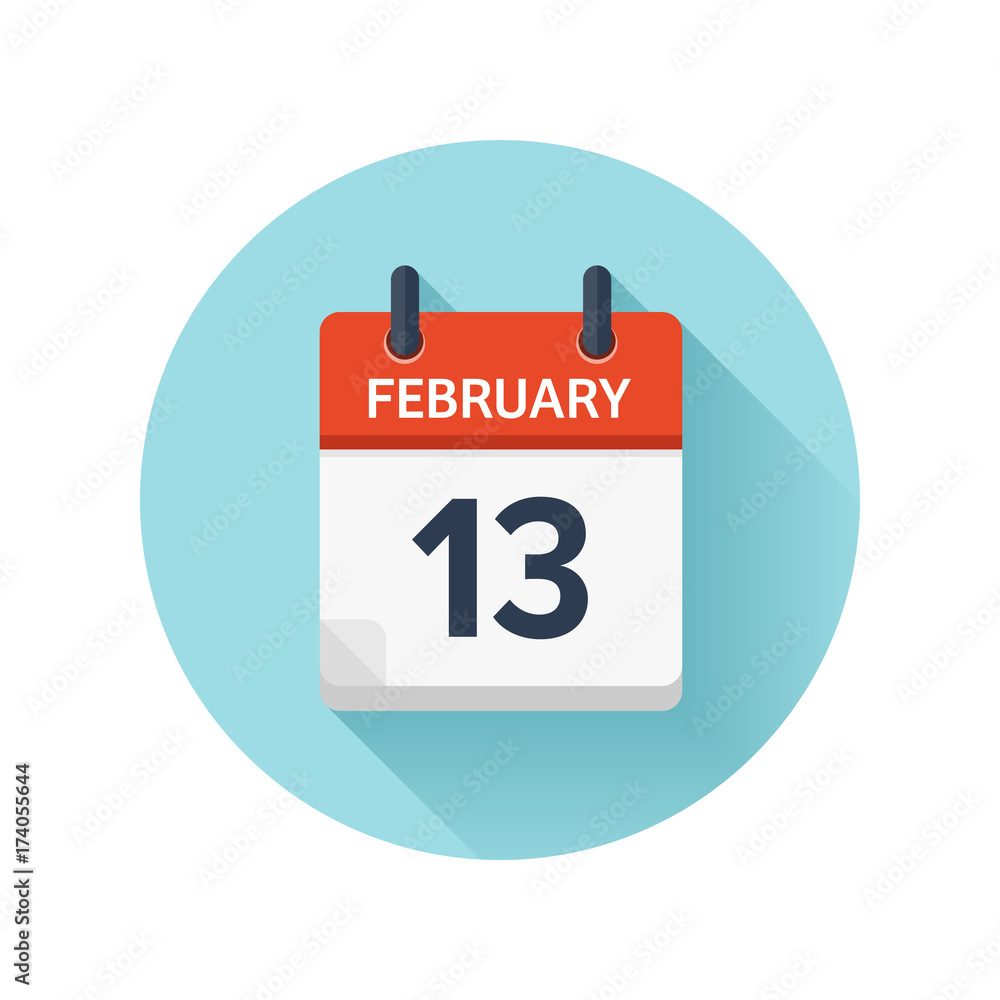 February 13. Vector flat daily calendar icon. Date and time, day, month 2018. Holiday. Season. February 13. Vector flat daily calendar icon. Date and time, day, month 2018. Holiday. Season.