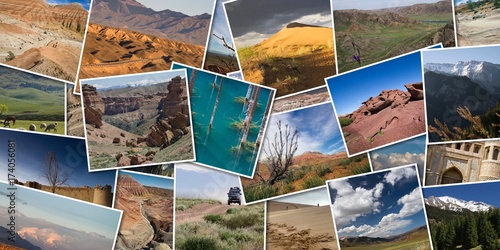 Panoramic collage of photos of nature Kazakhstan. Landscape of mountains and steppes  the valley of seven rivers  Kazakhstan