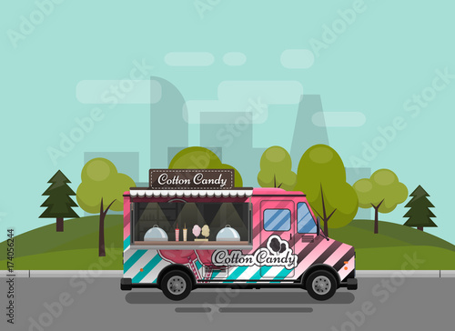 Cotton Candy, a kiosk on wheels, retail, candy and confectionery, illustrated and flat style vector illustration against the background of the city. Dried Cloud Dessert Illustration for your projects