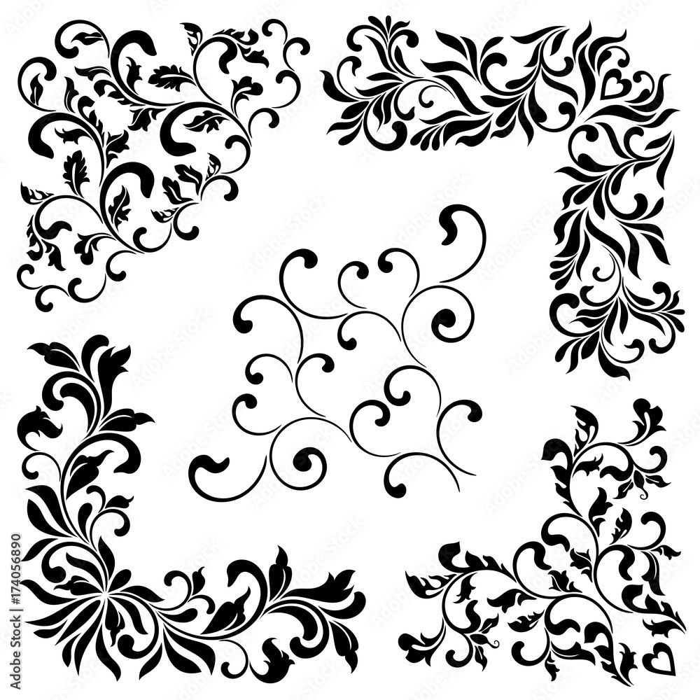 A set of angular ornaments. Ideal for stencil. Decorative vintage style. Ornate pattern of swirls and leaves isolated on white background