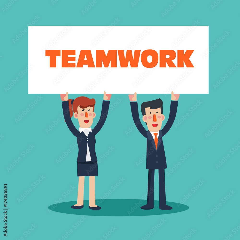 Successful, smiling, young, happy business man and business woman with a white placard. Communication, assistance, partnership, cooperation, collaboration and teamwork in business vector concept Successful, smiling, young, happy business man and business woman with a white placard. Communication, assistance, partnership, cooperation, collaboration and teamwork in business vector concept